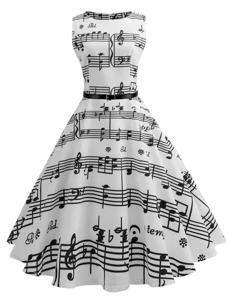 Women Summer Music Note Print Dress Robe Retro Swing Casual Vintage Sleeveless O-Neck Swing Dresses Vestidos