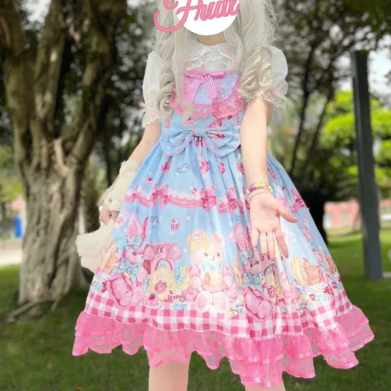 KIMOKOKM Lovely Kawaii Lolita Princess Style JSK Dress Square Collar Bow Rabbit Printing Ruffle Sleeveless Sweet Camisole Dress