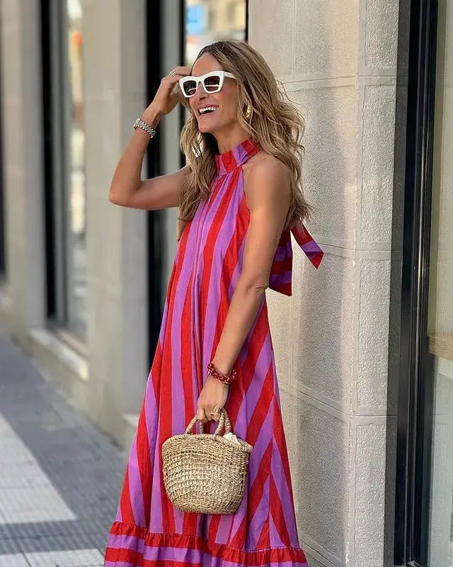 Stripe Print Halter Neck Long Dresses Women Fashion Backless Leace-up Casual Loose Vacation Style Dress Lady Commuting Vestidos