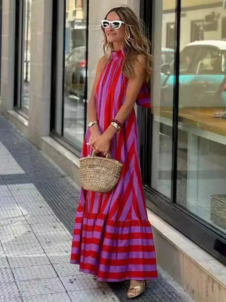 Stripe Print Halter Neck Long Dresses Women Fashion Backless Leace-up Casual Loose Vacation Style Dress Lady Commuting Vestidos