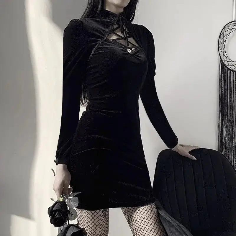 Rosetic Short Bandage Goth Dress Women Gothic Punk Belt Long Sleeve Streetwear Black Mini Vestidos Casual Dresses Spring 2024