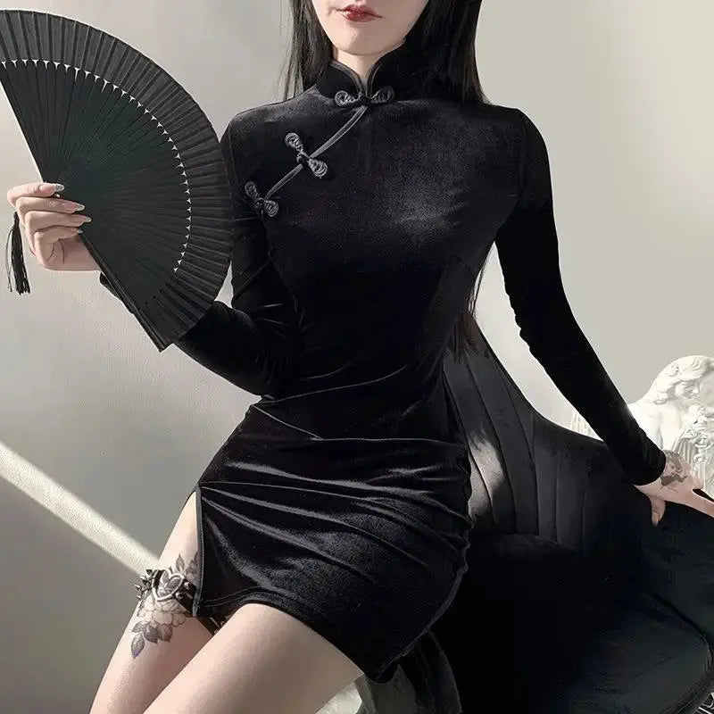 Rosetic Short Bandage Goth Dress Women Gothic Punk Belt Long Sleeve Streetwear Black Mini Vestidos Casual Dresses Spring 2024