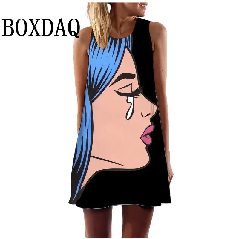 2024 Summer Women Vest Dress Abstract Face Art Printed O-Neck Sleeveless Mini Dress Casual Loose Sweet A-Line Sundress Vestidos