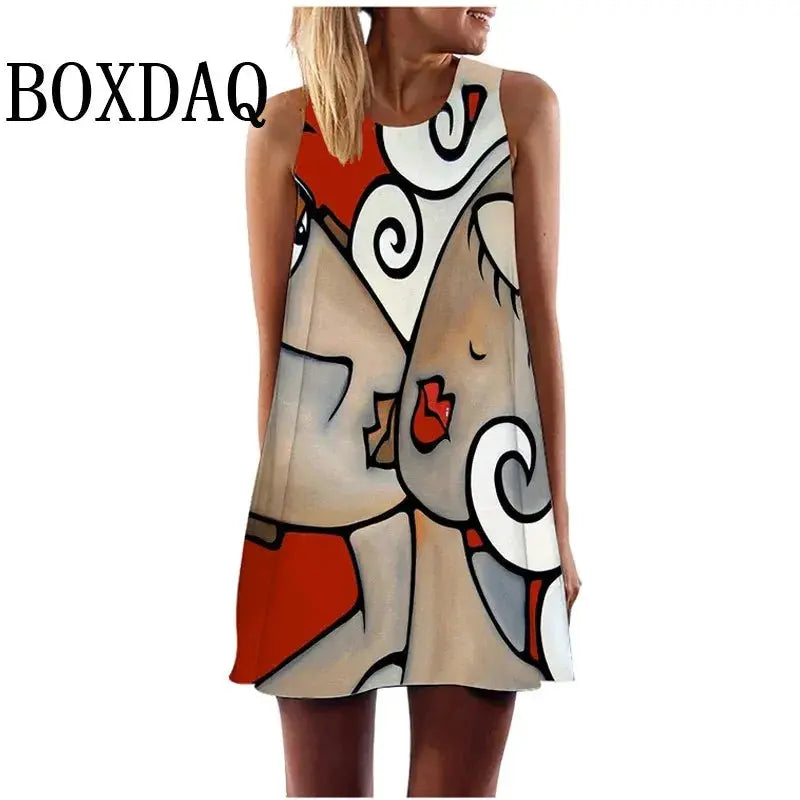 2024 Summer Women Vest Dress Abstract Face Art Printed O-Neck Sleeveless Mini Dress Casual Loose Sweet A-Line Sundress Vestidos