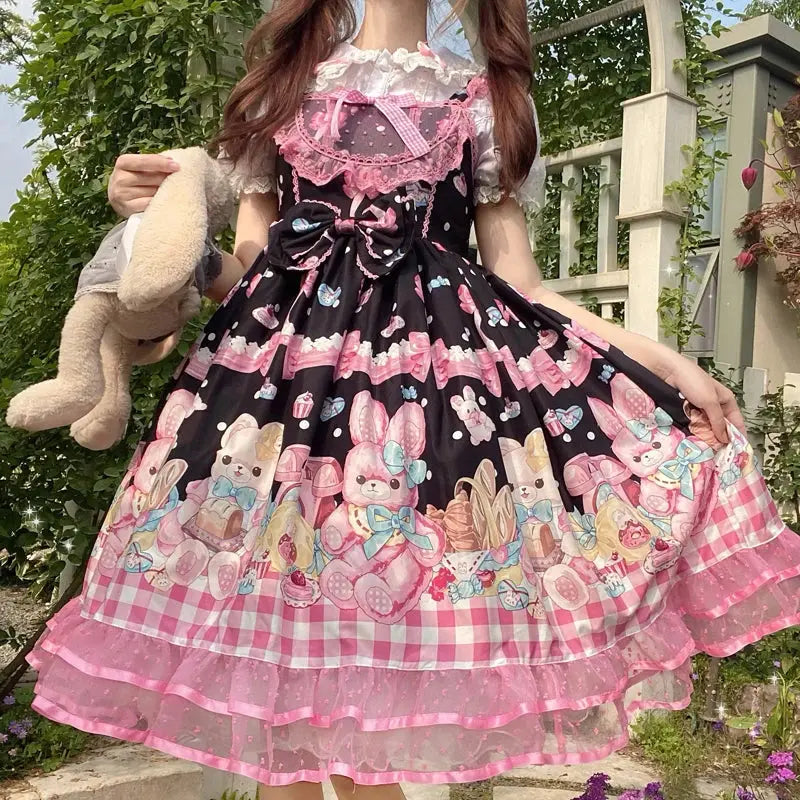 KIMOKOKM Lovely Kawaii Lolita Princess Style JSK Dress Square Collar Bow Rabbit Printing Ruffle Sleeveless Sweet Camisole Dress