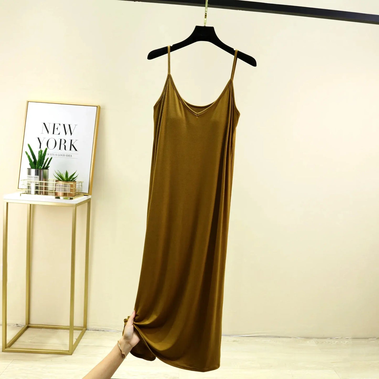 V-Neck Spaghetti Strap Dress Bra Padded Summer women's slipdress Solid color Camisole Homewear dresses Comfortable Sleepdress