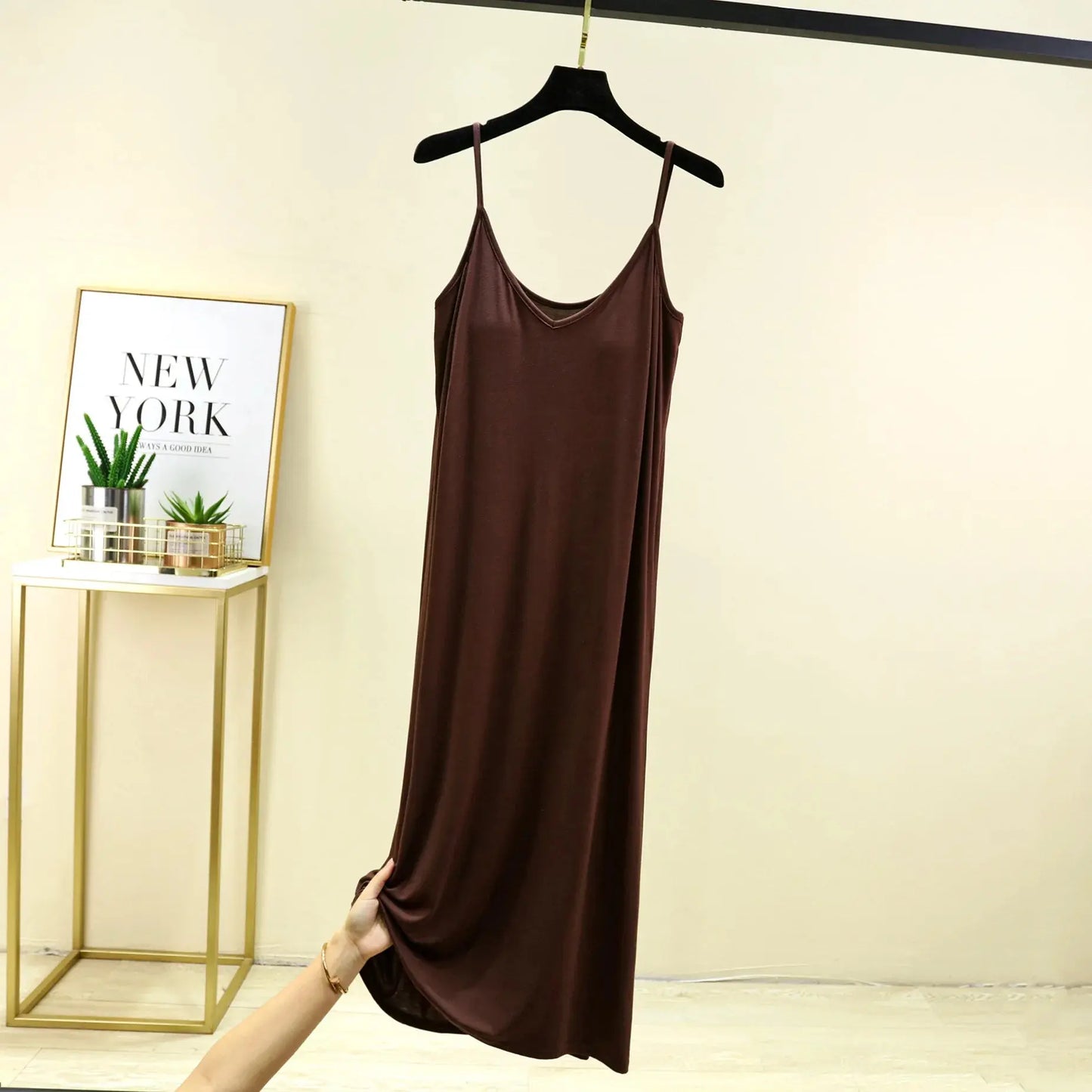 V-Neck Spaghetti Strap Dress Bra Padded Summer women's slipdress Solid color Camisole Homewear dresses Comfortable Sleepdress