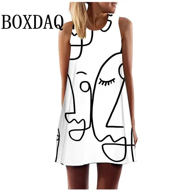 2024 Summer Women Vest Dress Abstract Face Art Printed O-Neck Sleeveless Mini Dress Casual Loose Sweet A-Line Sundress Vestidos