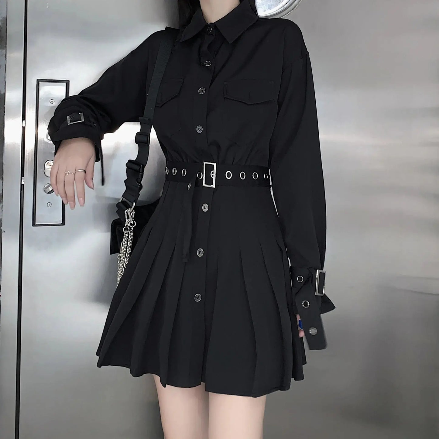 Rosetic Short Bandage Goth Dress Women Gothic Punk Belt Long Sleeve Streetwear Black Mini Vestidos Casual Dresses Spring 2024