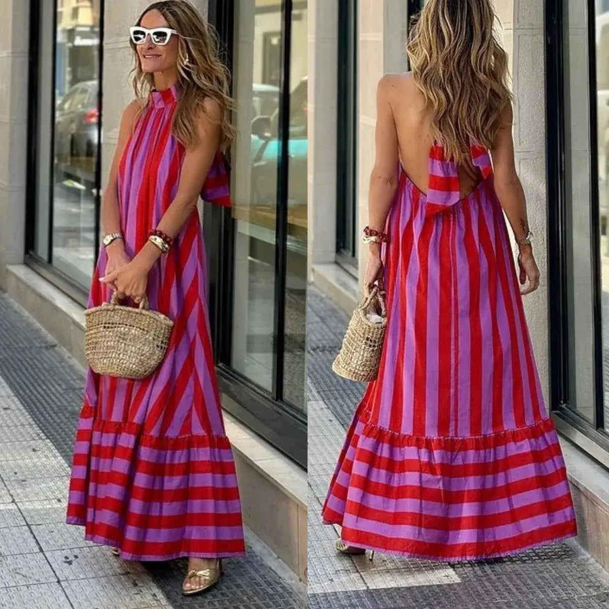 Stripe Print Halter Neck Long Dresses Women Fashion Backless Leace-up Casual Loose Vacation Style Dress Lady Commuting Vestidos