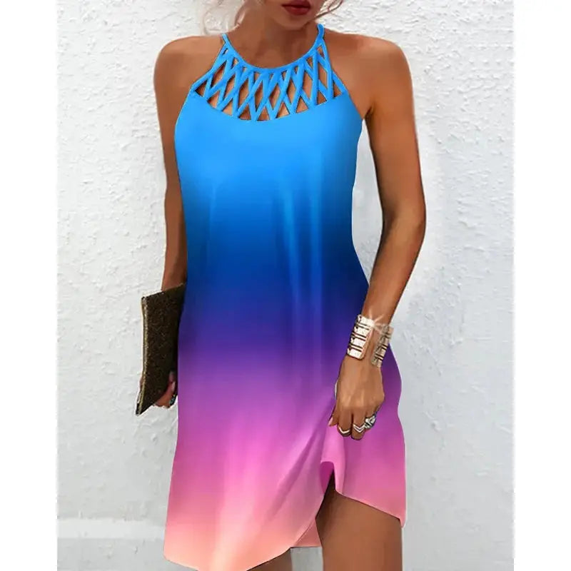 2024 Women Elegant Dress Loose Casual Short Dress Hollow Out Floral Print Round Neck Ladies Summer Dress 2022