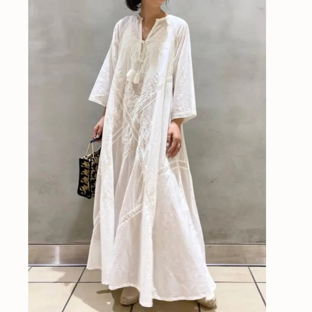 Ladies Cotton Linen Beach Maxi Dress White V Neck Embroidered Dress Casual Long Dress Women Oversize Lace Up Dress Female Loose