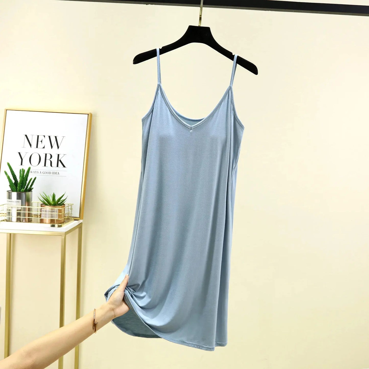 V-Neck Spaghetti Strap Dress Bra Padded Summer women's slipdress Solid color Camisole Homewear dresses Comfortable Sleepdress