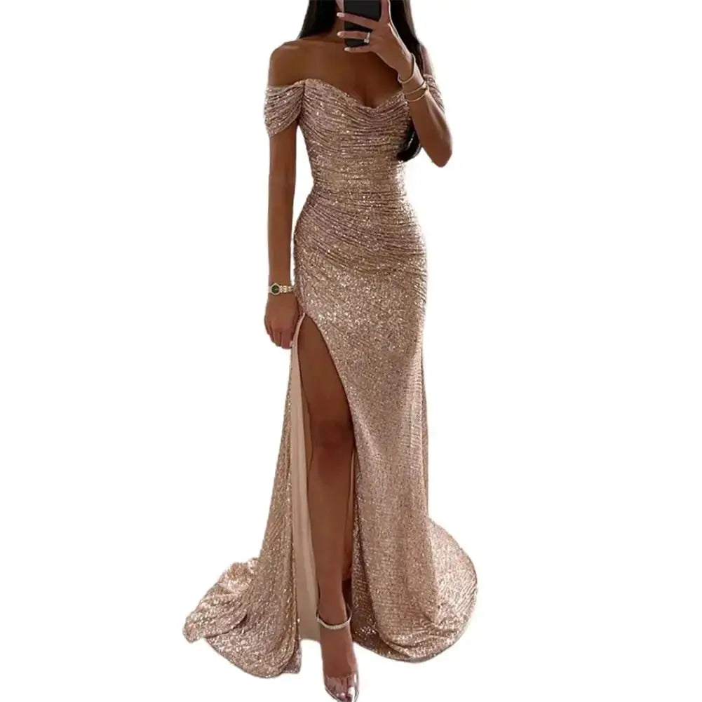 Summer Dress SkinnySequin Pleated Split Maxi Bodycon Dress Slim Fit Off Shoulder Evening Party Prom Dress Birthday Clubwear