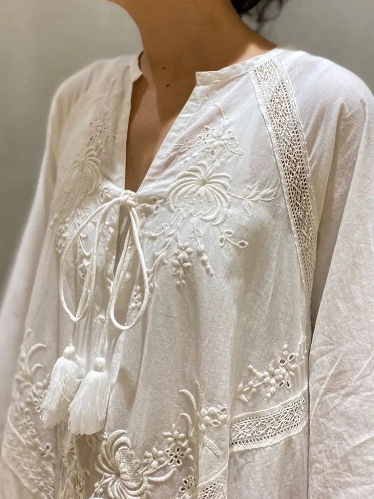 Ladies Cotton Linen Beach Maxi Dress White V Neck Embroidered Dress Casual Long Dress Women Oversize Lace Up Dress Female Loose