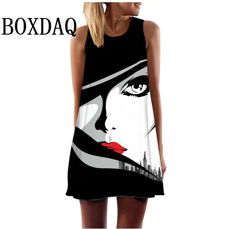 2024 Summer Women Vest Dress Abstract Face Art Printed O-Neck Sleeveless Mini Dress Casual Loose Sweet A-Line Sundress Vestidos