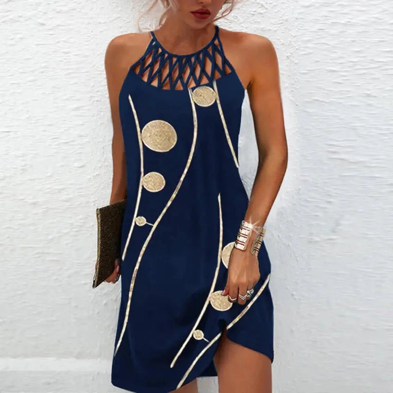 2024 Women Elegant Dress Loose Casual Short Dress Hollow Out Floral Print Round Neck Ladies Summer Dress 2022