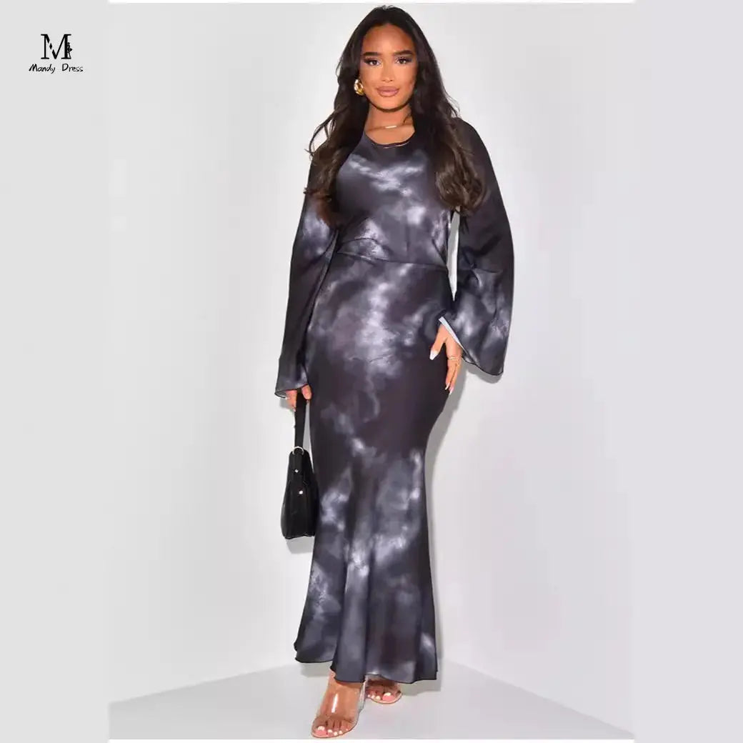 Elegant Women Print Maxi Dress Long Sleeve Loose O-neck Bandage Satin Clothing Fashion Lady Casual Dresses 2024