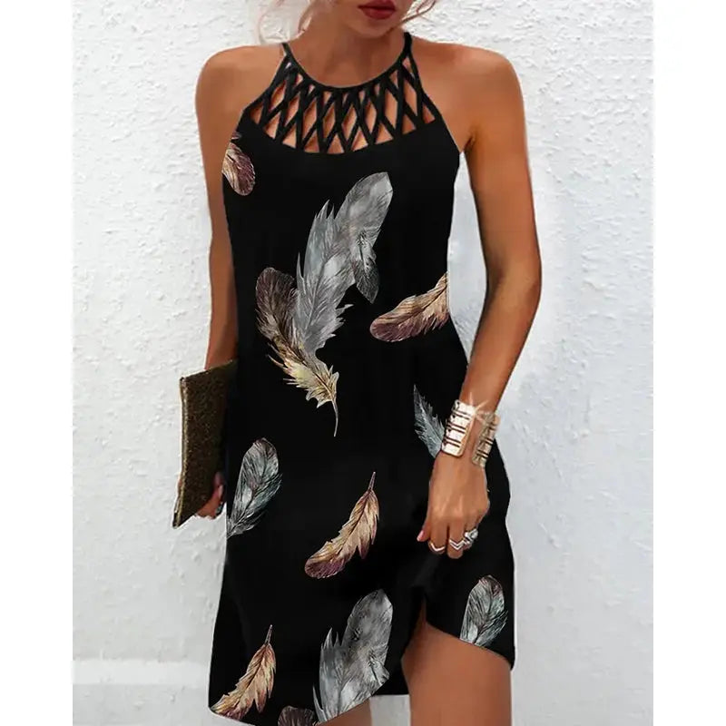 2024 Women Elegant Dress Loose Casual Short Dress Hollow Out Floral Print Round Neck Ladies Summer Dress 2022