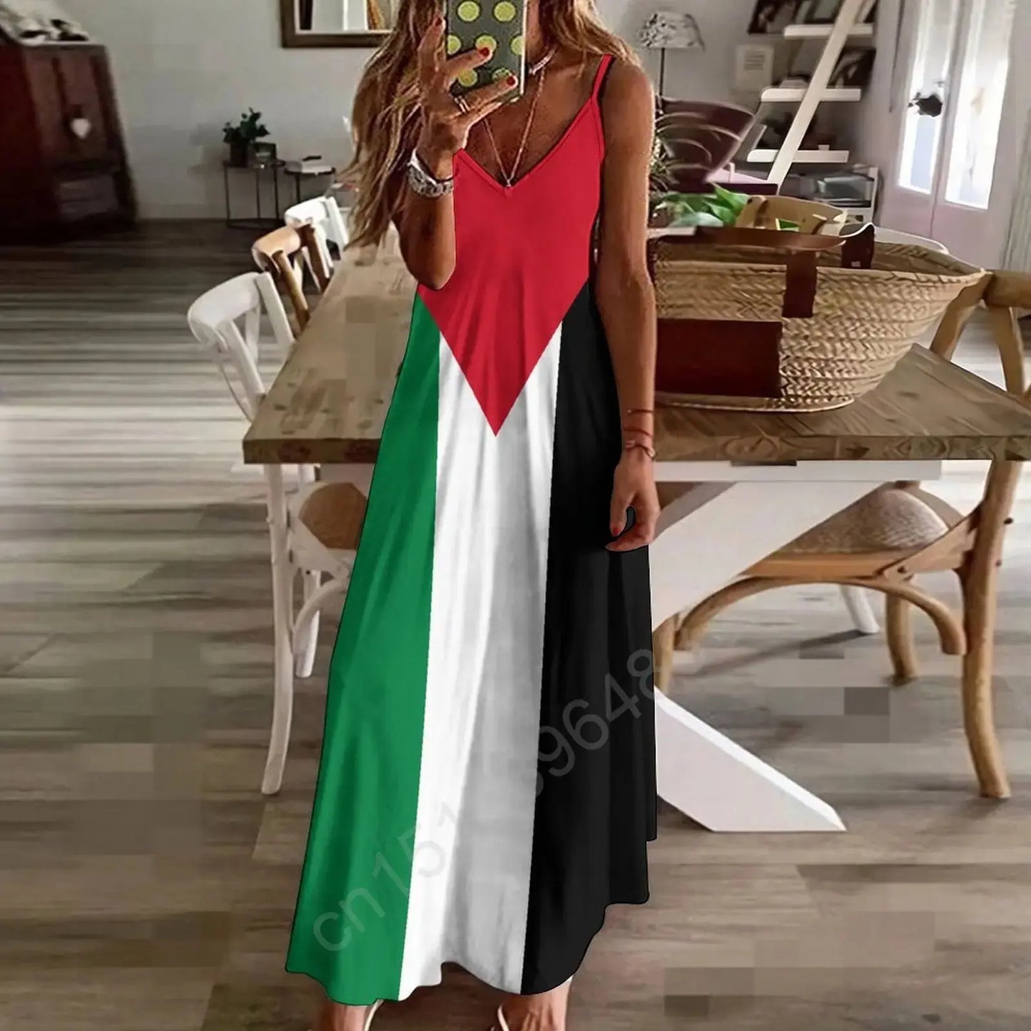 Palestine Flag Flag Print New Casual Sleeveless Long Dress Women's V-Neck Printed Dress Swing Retro Dresses