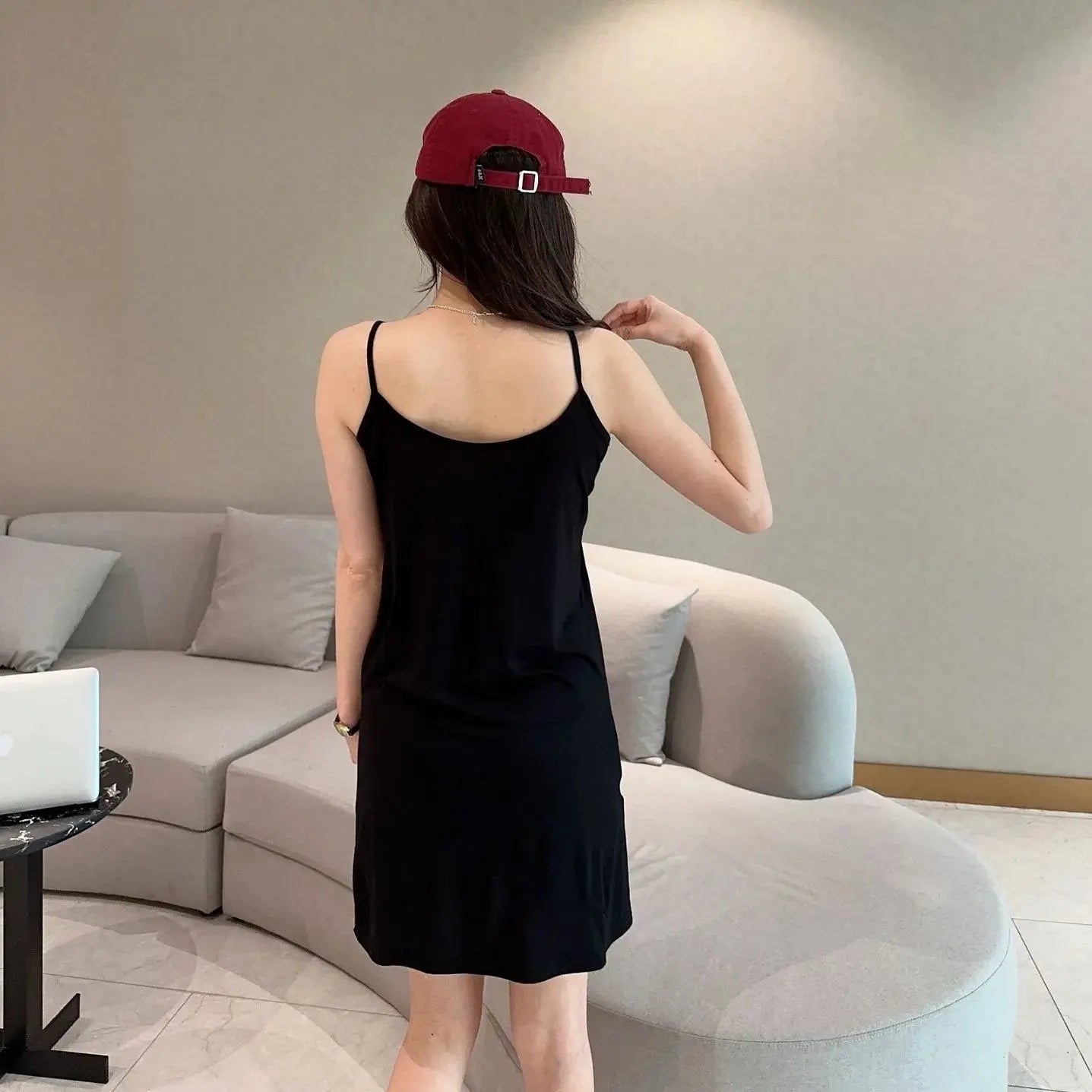 V-Neck Spaghetti Strap Dress Bra Padded Summer women's slipdress Solid color Camisole Homewear dresses Comfortable Sleepdress