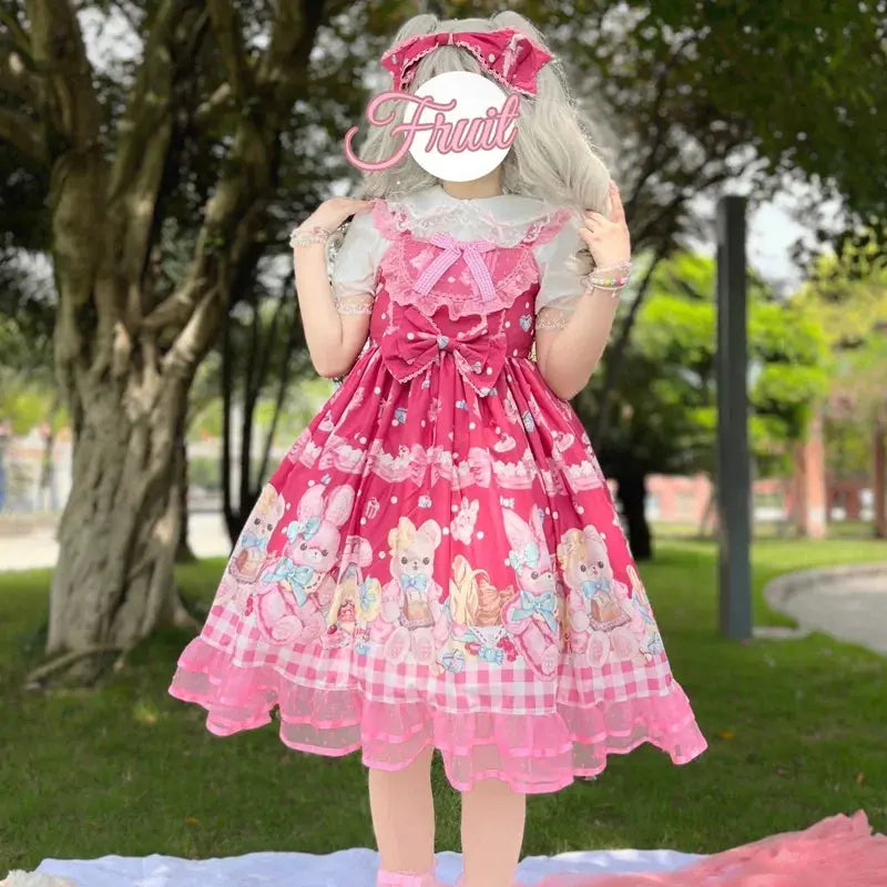 KIMOKOKM Lovely Kawaii Lolita Princess Style JSK Dress Square Collar Bow Rabbit Printing Ruffle Sleeveless Sweet Camisole Dress