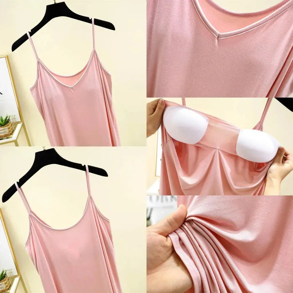 V-Neck Spaghetti Strap Dress Bra Padded Summer women's slipdress Solid color Camisole Homewear dresses Comfortable Sleepdress