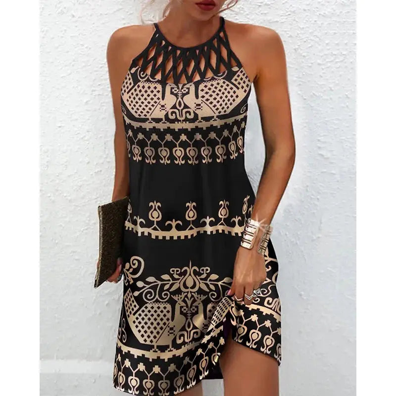 2024 Women Elegant Dress Loose Casual Short Dress Hollow Out Floral Print Round Neck Ladies Summer Dress 2022