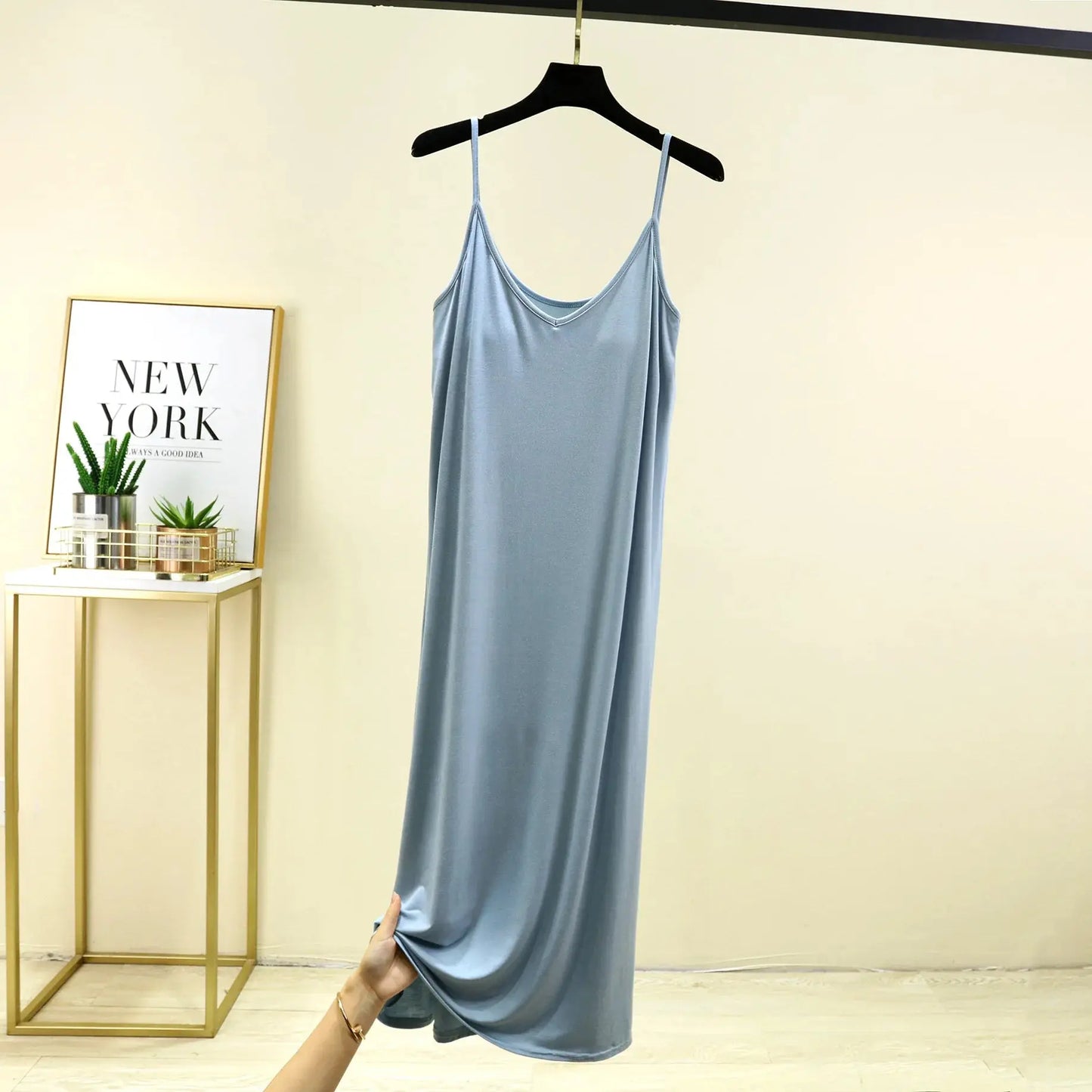 V-Neck Spaghetti Strap Dress Bra Padded Summer women's slipdress Solid color Camisole Homewear dresses Comfortable Sleepdress