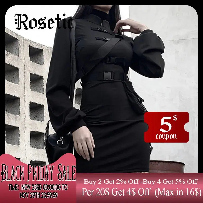 Rosetic Short Bandage Goth Dress Women Gothic Punk Belt Long Sleeve Streetwear Black Mini Vestidos Casual Dresses Spring 2024