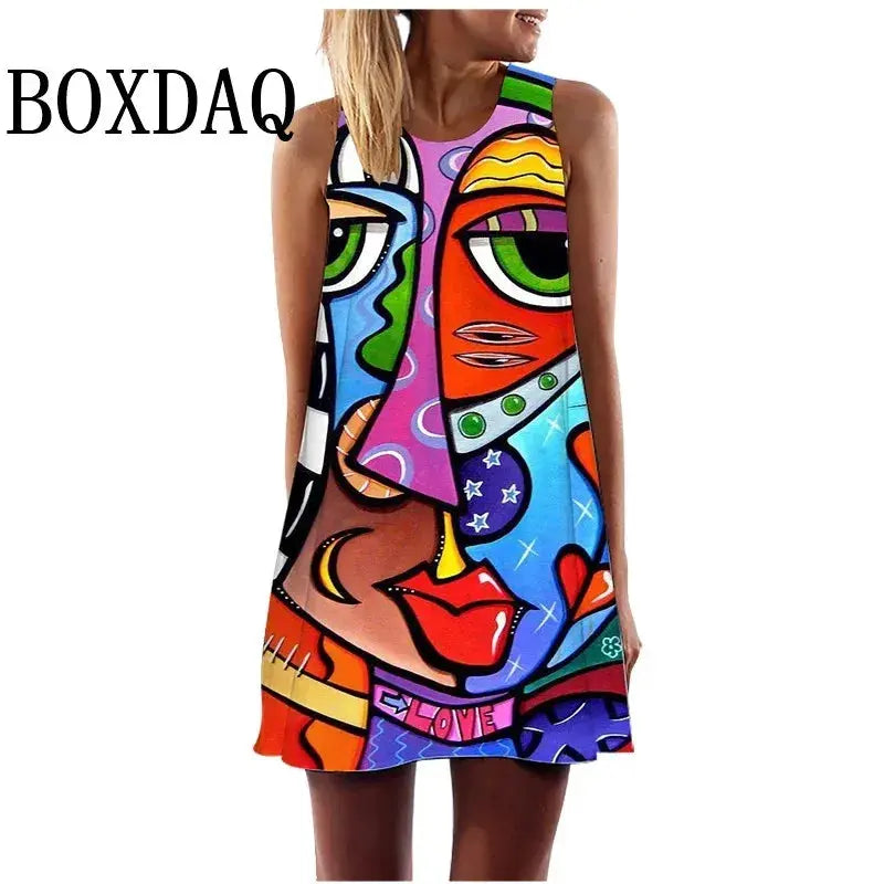 2024 Summer Women Vest Dress Abstract Face Art Printed O-Neck Sleeveless Mini Dress Casual Loose Sweet A-Line Sundress Vestidos