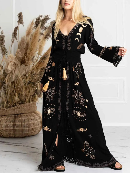 V Neck Long Sleeve Long Dress Lace Up Vintage Printed Large Hem Dresses Womens Casual Summer Dress Loose Long Robe Vestidos