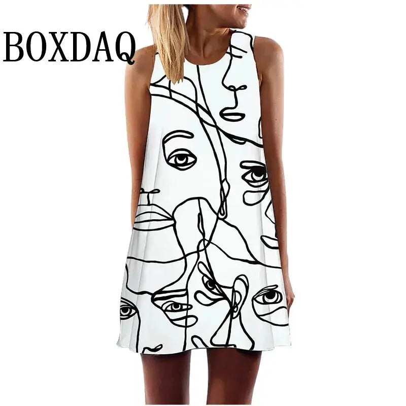 2024 Summer Women Vest Dress Abstract Face Art Printed O-Neck Sleeveless Mini Dress Casual Loose Sweet A-Line Sundress Vestidos