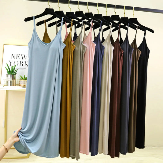 V-Neck Spaghetti Strap Dress Bra Padded Summer women's slipdress Solid color Camisole Homewear dresses Comfortable Sleepdress