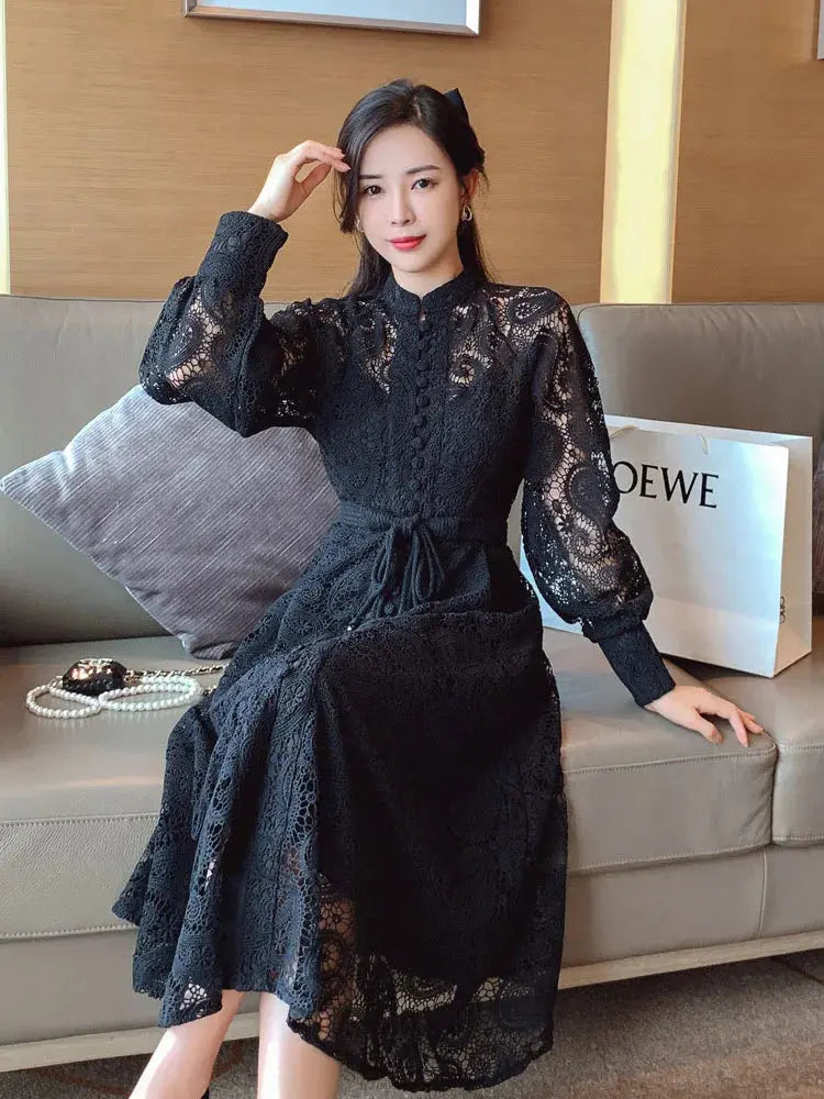 Embroidery New Autumn Single breasted Chiffon Solid Color Women's Dress A Line O Fashion Birthday Party Readymade Dress Prom