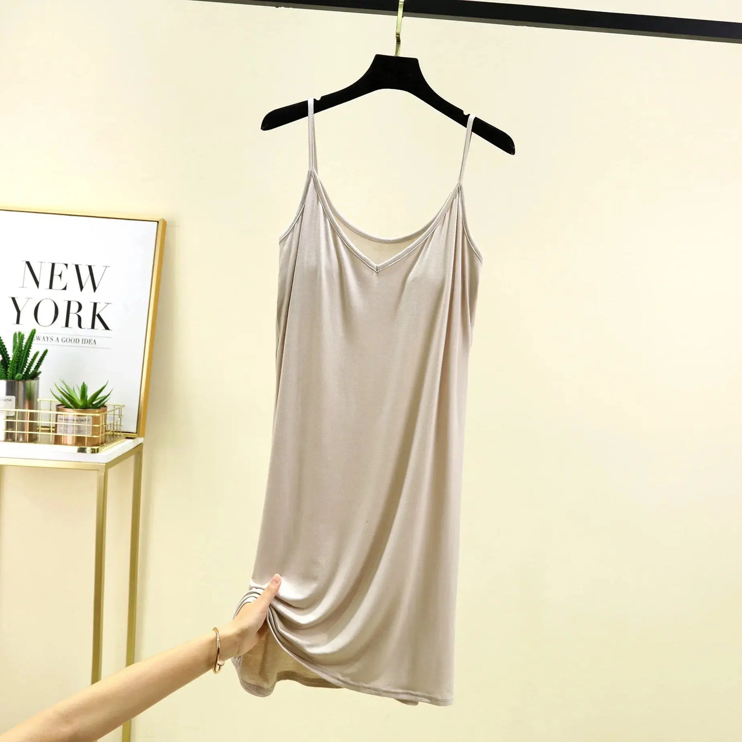 V-Neck Spaghetti Strap Dress Bra Padded Summer women's slipdress Solid color Camisole Homewear dresses Comfortable Sleepdress