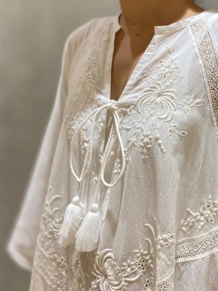 Ladies Cotton Linen Beach Maxi Dress White V Neck Embroidered Dress Casual Long Dress Women Oversize Lace Up Dress Female Loose