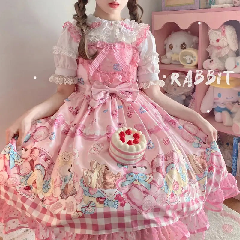 KIMOKOKM Lovely Kawaii Lolita Princess Style JSK Dress Square Collar Bow Rabbit Printing Ruffle Sleeveless Sweet Camisole Dress