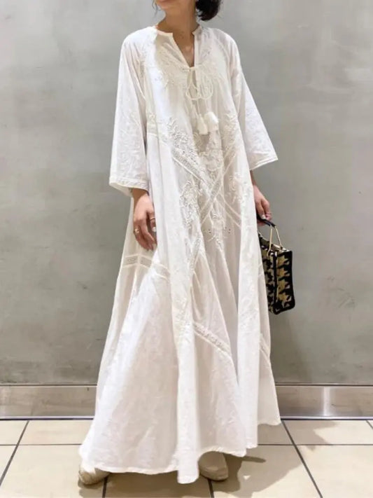 Ladies Cotton Linen Beach Maxi Dress White V Neck Embroidered Dress Casual Long Dress Women Oversize Lace Up Dress Female Loose