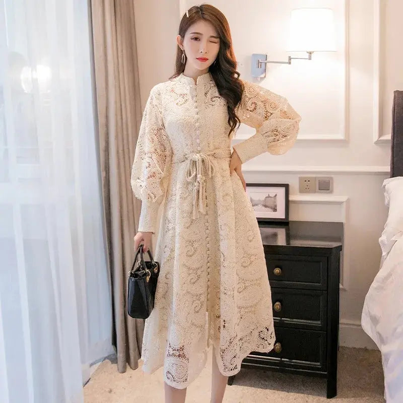 Embroidery New Autumn Single breasted Chiffon Solid Color Women's Dress A Line O Fashion Birthday Party Readymade Dress Prom