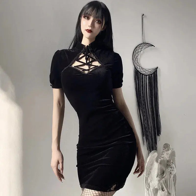 Rosetic Short Bandage Goth Dress Women Gothic Punk Belt Long Sleeve Streetwear Black Mini Vestidos Casual Dresses Spring 2024