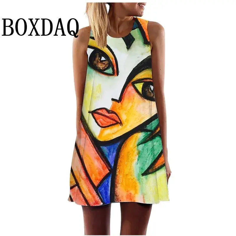 2024 Summer Women Vest Dress Abstract Face Art Printed O-Neck Sleeveless Mini Dress Casual Loose Sweet A-Line Sundress Vestidos