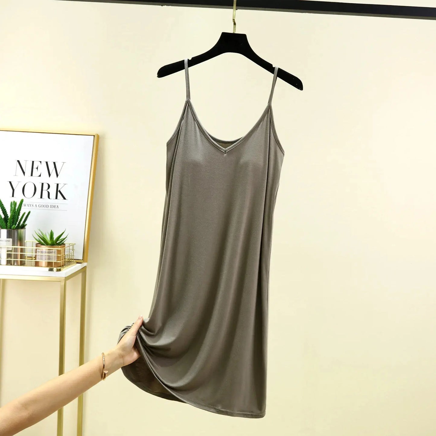 V-Neck Spaghetti Strap Dress Bra Padded Summer women's slipdress Solid color Camisole Homewear dresses Comfortable Sleepdress